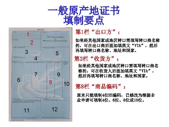 一般原产地证书 填制要点 第 1栏“出口方”： 1 如果经其他国家或地区转口需填写转口商名称 的，可在出口商后面加填英文“VIA”，然后 再填写转口商名称、地址和国家。 2 3 5 4 7 6