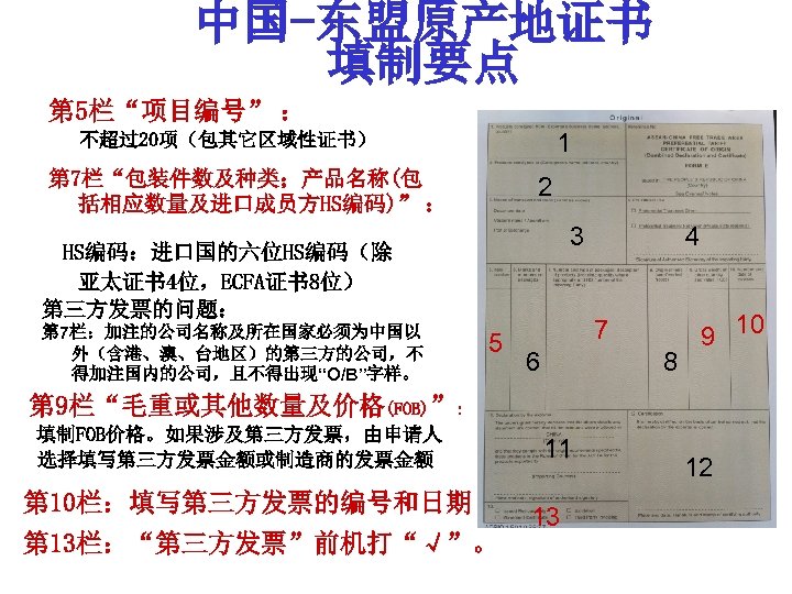 中国-东盟原产地证书 填制要点 第 5栏“项目编号” ： 1 不超过20项（包其它区域性证书） 第 7栏“包装件数及种类；产品名称(包 括相应数量及进口成员方HS编码)” ： 2 3 HS编码：进口国的六位HS编码（除