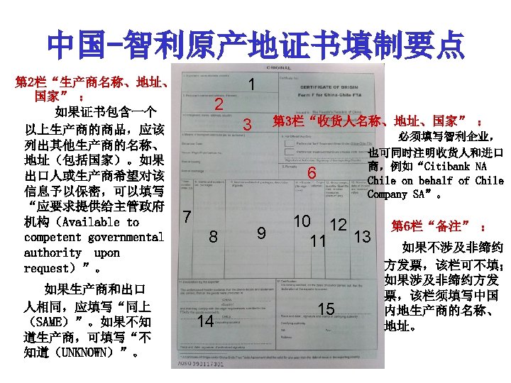 中国-智利原产地证书填制要点 第 2栏“生产商名称、地址、 国家” ： 如果证书包含一个 以上生产商的商品，应该 列出其他生产商的名称、 地址（包括国家）。如果 出口人或生产商希望对该 信息予以保密，可以填写 “应要求提供给主管政府 机构（Available to