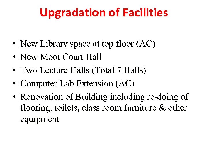Upgradation of Facilities • • • New Library space at top floor (AC) New