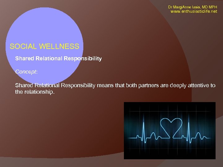 Dr Margi. Anne Isaia, MD MPH www. enthusiasticlife. net SOCIAL WELLNESS Shared Relational Responsibility
