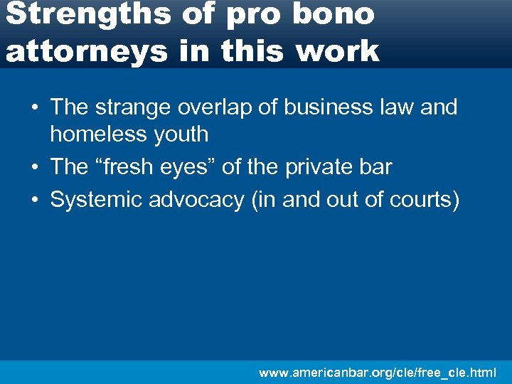 Strengths of pro bono attorneys in this work • The strange overlap of business