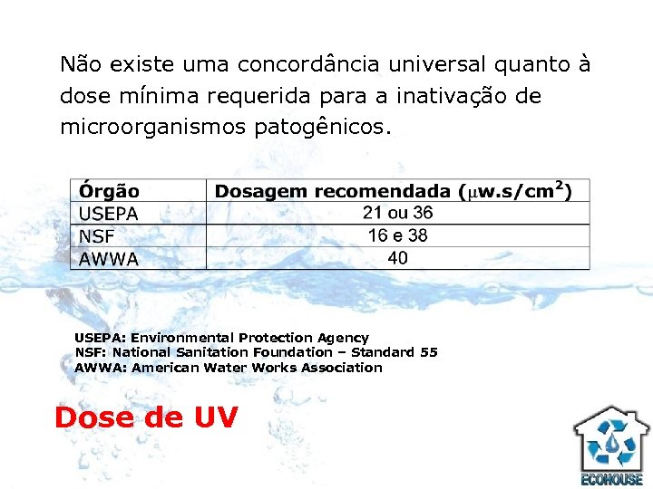 Não existe uma concordância universal quanto à dose mínima requerida para a inativação de