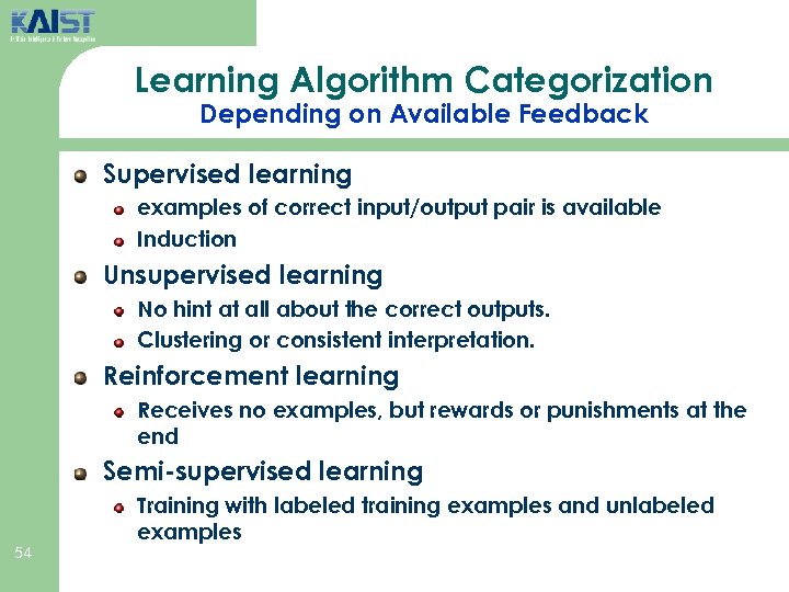 Learning Algorithm Categorization Depending on Available Feedback Supervised learning examples of correct input/output pair