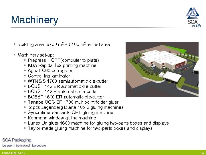 Machinery § Building area: 8700 m 2 + 5400 m 2 rented area §