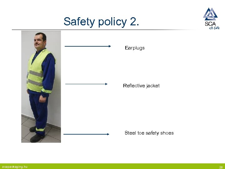 Safety policy 2. Earplugs Reflective jacket Steel toe safety shoes scapackaging. hu 28 