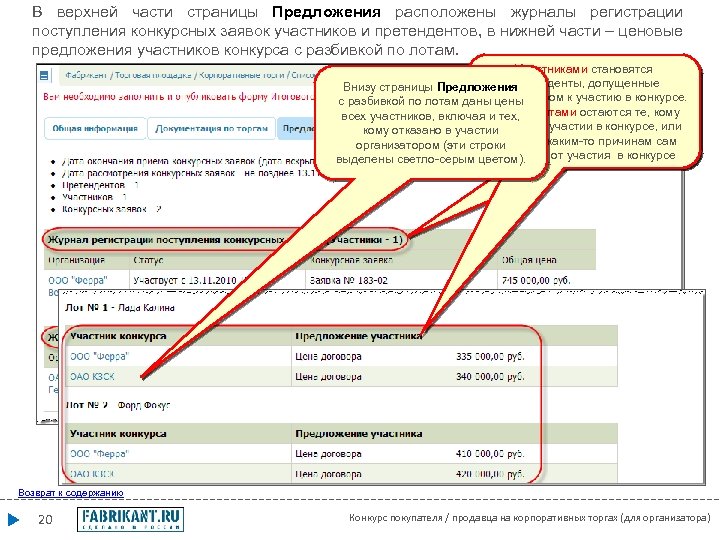 В верхней части страницы Предложения расположены журналы регистрации поступления конкурсных заявок участников и претендентов,