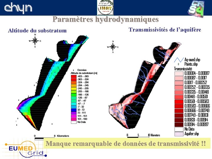 Paramètres hydrodynamiques Altitude du substratum Transmissivités de l’aquifère Manque remarquable de données de transmissivité