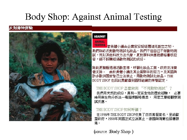 Body Shop: Against Animal Testing （ source： Body Shop） 