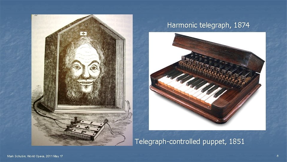 Harmonic telegraph, 1874 Telegraph-controlled puppet, 1851 Mark Schubin, World Opera, 2011 May 17 8