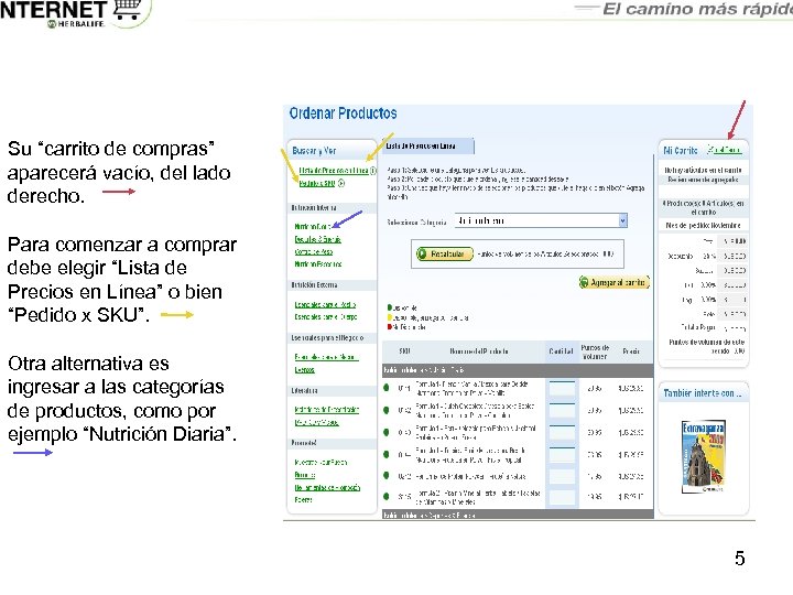 Su “carrito de compras” aparecerá vacío, del lado derecho. Para comenzar a comprar debe