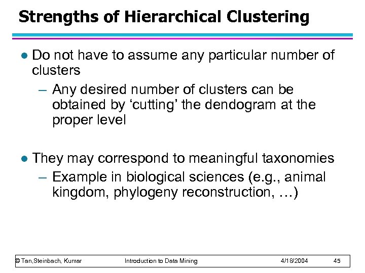 Strengths of Hierarchical Clustering l Do not have to assume any particular number of