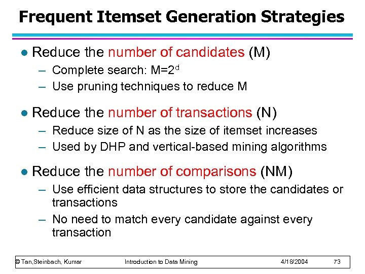 Frequent Itemset Generation Strategies l Reduce the number of candidates (M) – Complete search: