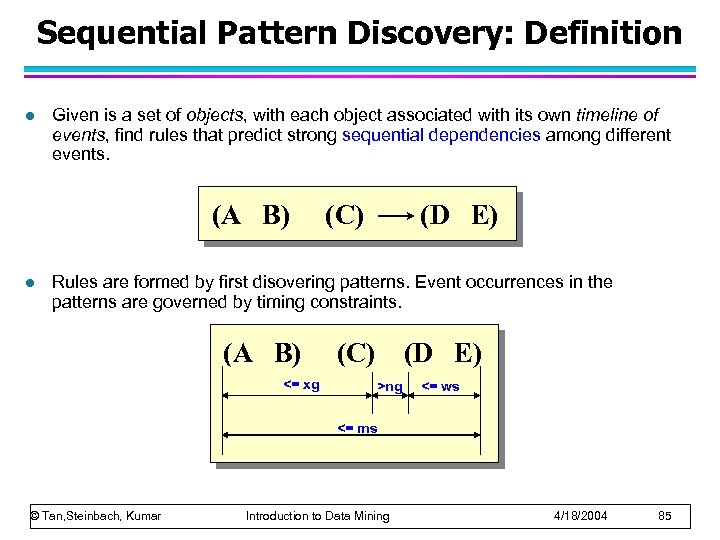 Sequential Pattern Discovery: Definition l Given is a set of objects, with each object