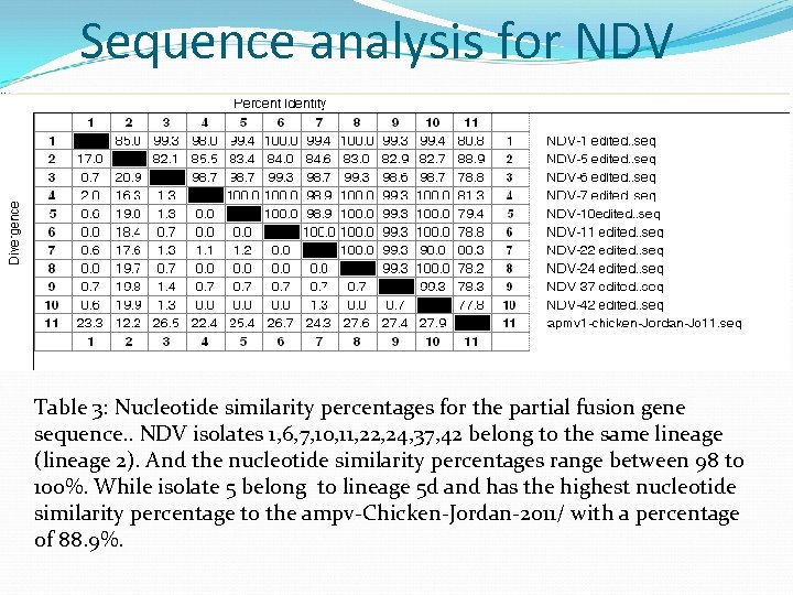 Sequence analysis for NDV Table 3: Nucleotide similarity percentages for the partial fusion gene