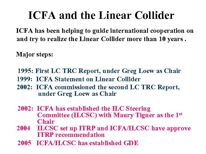 ICFA and the Linear Collider ICFA has been helping to guide international cooperation on