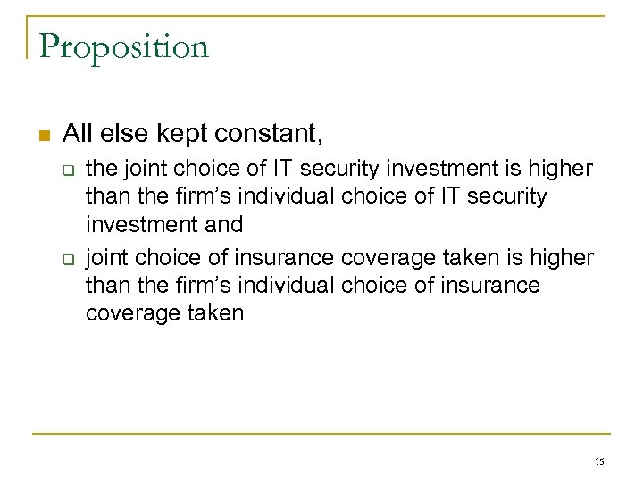 Proposition n All else kept constant, q q the joint choice of IT security