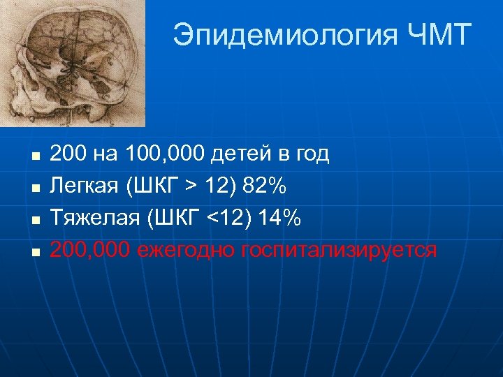 Эпидемиология ЧМТ n n 200 на 100, 000 детей в год Легкая (ШКГ >