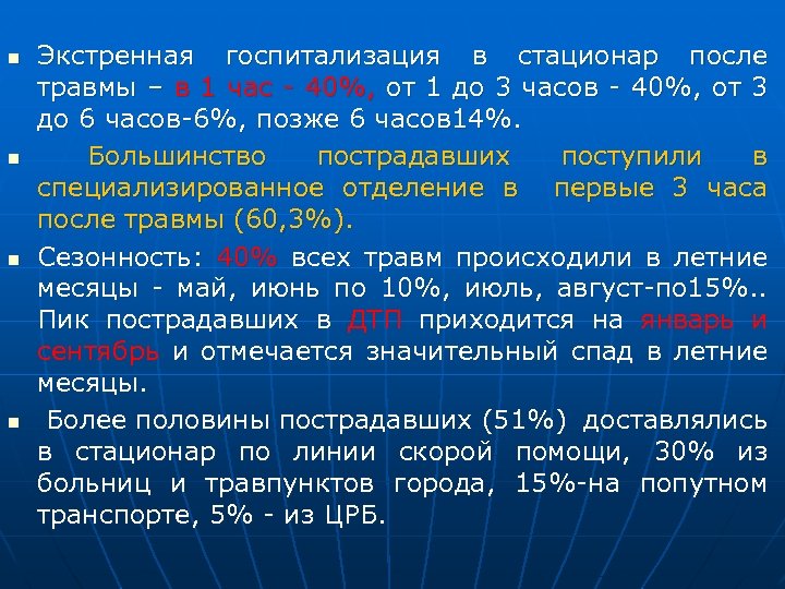 n n Экстренная госпитализация в стационар после травмы – в 1 час - 40%,