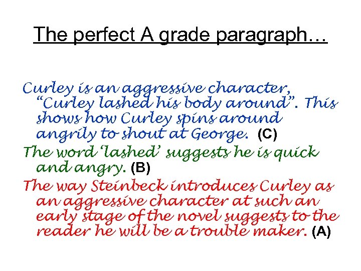 The perfect A grade paragraph… Curley is an aggressive character, “Curley lashed his body