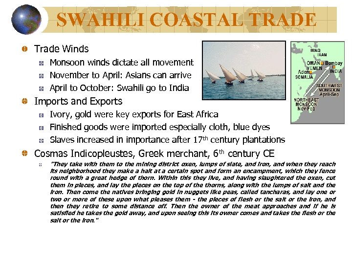 SWAHILI COASTAL TRADE Trade Winds Monsoon winds dictate all movement November to April: Asians