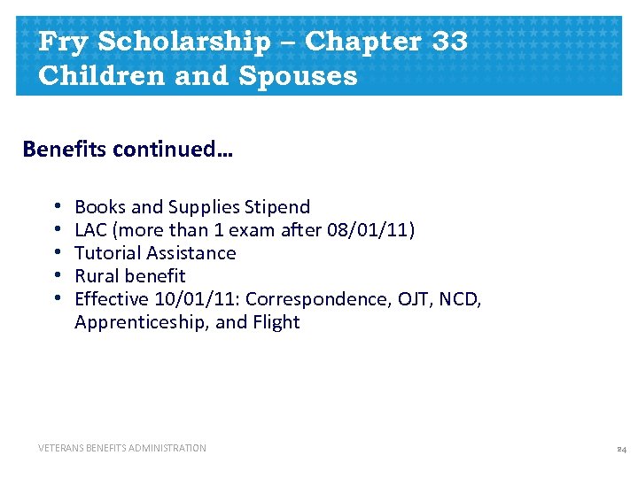 Fry Scholarship – Chapter 33 Children and Spouses Benefits continued… • • • Books
