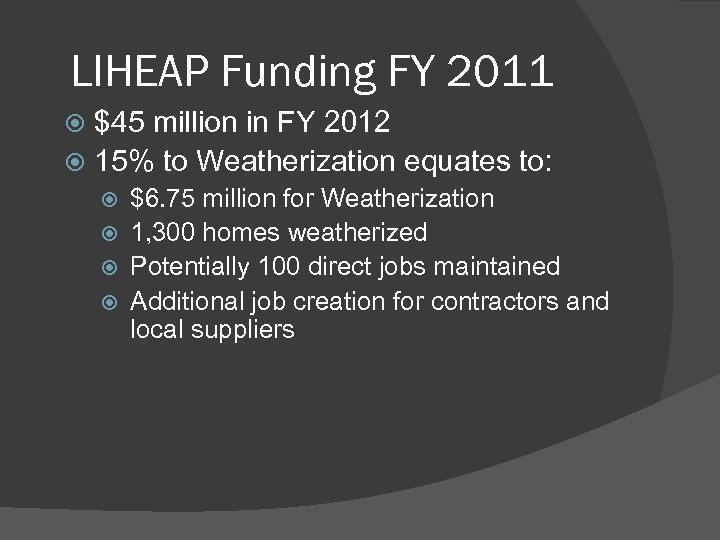 LIHEAP Funding FY 2011 $45 million in FY 2012 15% to Weatherization equates to: