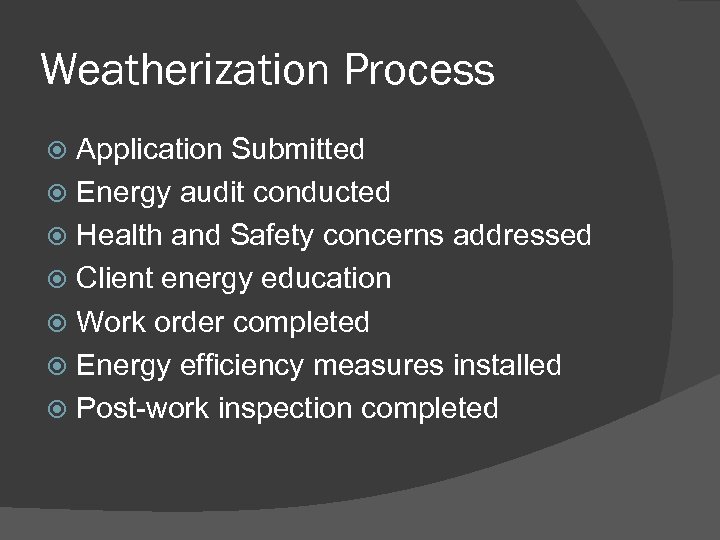 Weatherization Process Application Submitted Energy audit conducted Health and Safety concerns addressed Client energy