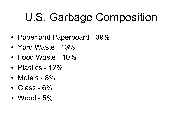 U. S. Garbage Composition • • Paper and Paperboard - 39% Yard Waste -