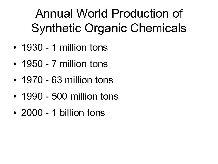 Annual World Production of Synthetic Organic Chemicals • 1930 - 1 million tons •