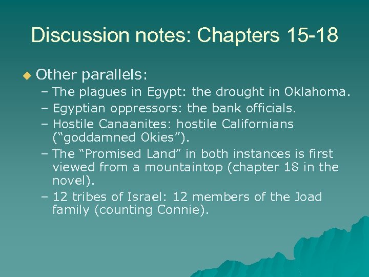 Discussion notes: Chapters 15 -18 u Other parallels: – The plagues in Egypt: the