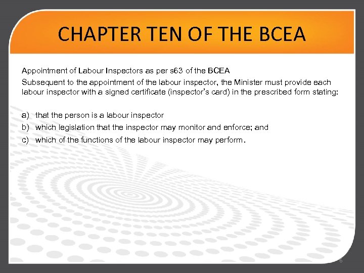 CHAPTER TEN OF THE BCEA Appointment of Labour Inspectors as per s 63 of