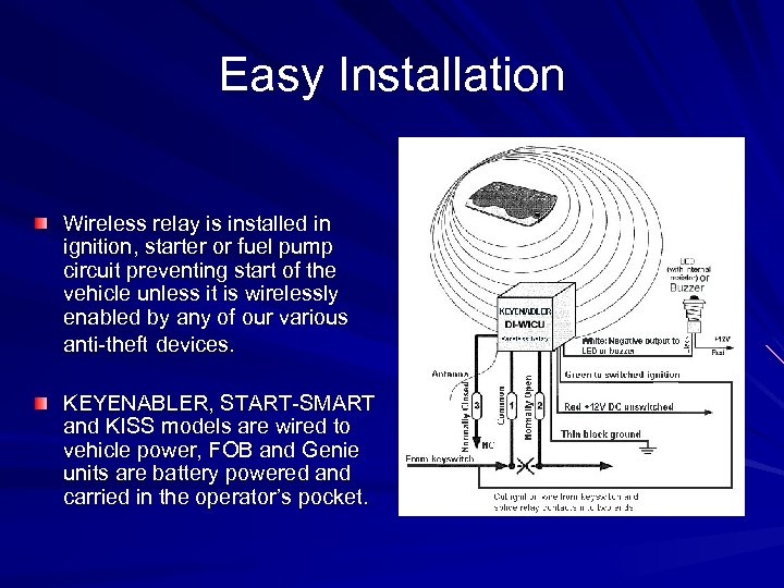Easy Installation Wireless relay is installed in ignition, starter or fuel pump circuit preventing