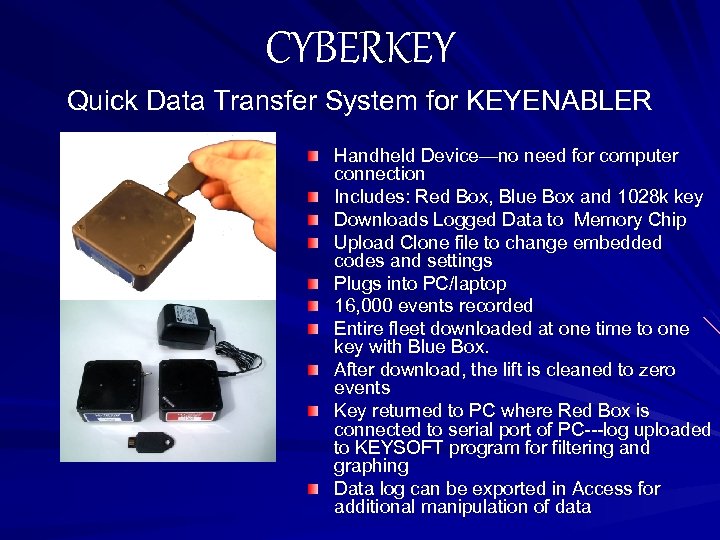 CYBERKEY Quick Data Transfer System for KEYENABLER Handheld Device—no need for computer connection Includes: