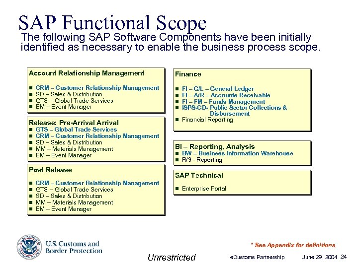 SAP Functional Scope The following SAP Software Components have been initially identified as necessary