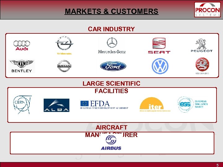 MARKETS & CUSTOMERS CAR INDUSTRY LARGE SCIENTIFIC FACILITIES AIRCRAFT MANUFACTURER 5 