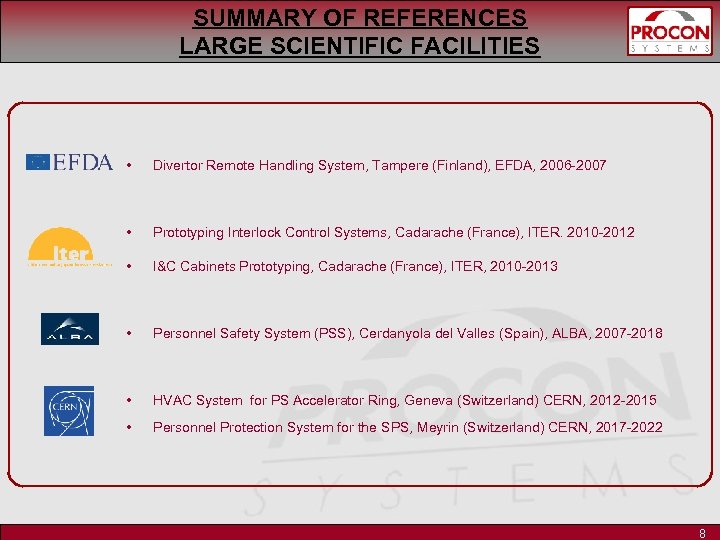 SUMMARY OF REFERENCES LARGE SCIENTIFIC FACILITIES • Divertor Remote Handling System, Tampere (Finland), EFDA,