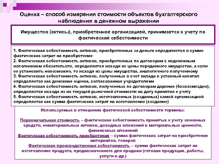 Оценка – способ измерения стоимости объектов бухгалтерского наблюдения в денежном выражении Имущество (активы), приобретенное