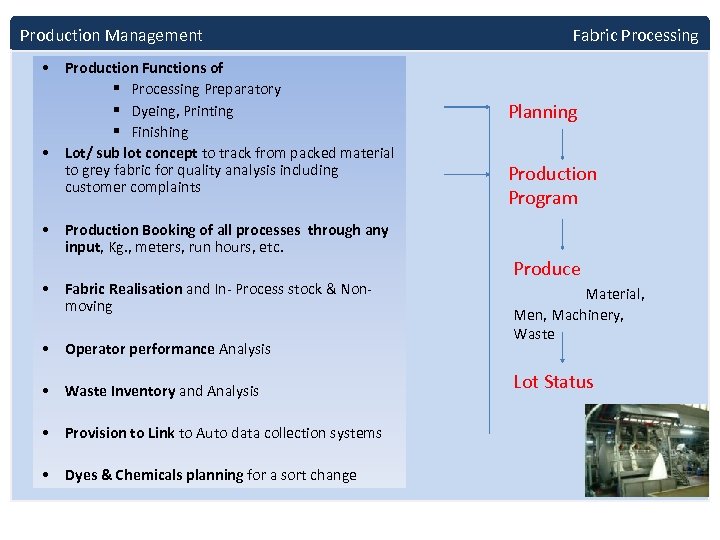 Production Management • Production Functions of § Processing Preparatory § Dyeing, Printing § Finishing