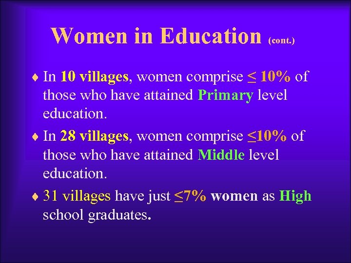 Women in Education (cont. ) ¨ In 10 villages, women comprise ≤ 10% of