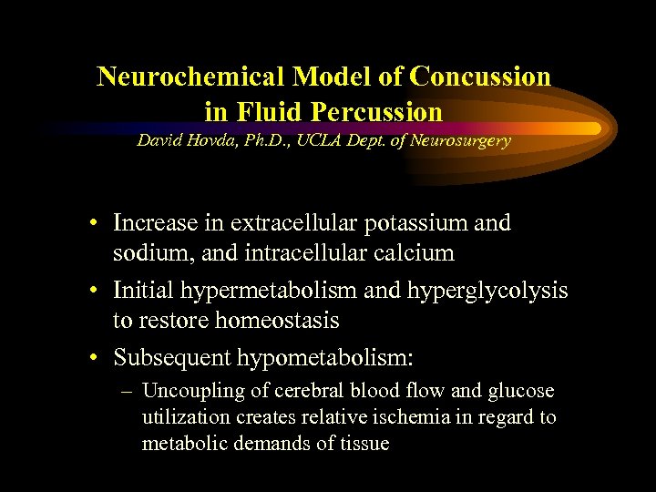 Neurochemical Model of Concussion in Fluid Percussion David Hovda, Ph. D. , UCLA Dept.