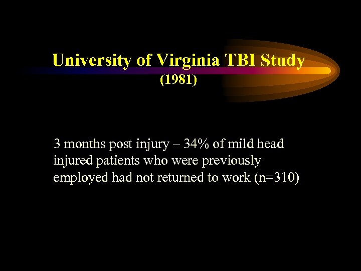 University of Virginia TBI Study (1981) 3 months post injury – 34% of mild