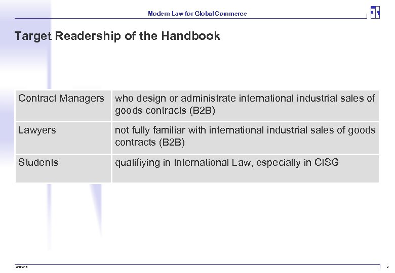 Modern Law for Global Commerce Target Readership of the Handbook Contract Managers who design
