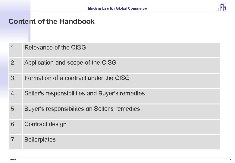 Modern Law for Global Commerce Content of the Handbook 1. Relevance of the CISG