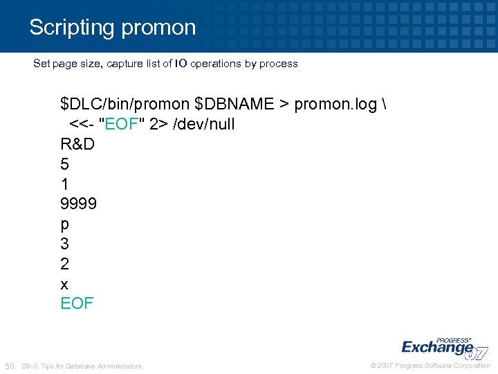 Scripting promon Set page size, capture list of IO operations by process $DLC/bin/promon $DBNAME