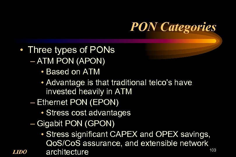 PON Categories • Three types of PONs LIDO – ATM PON (APON) • Based