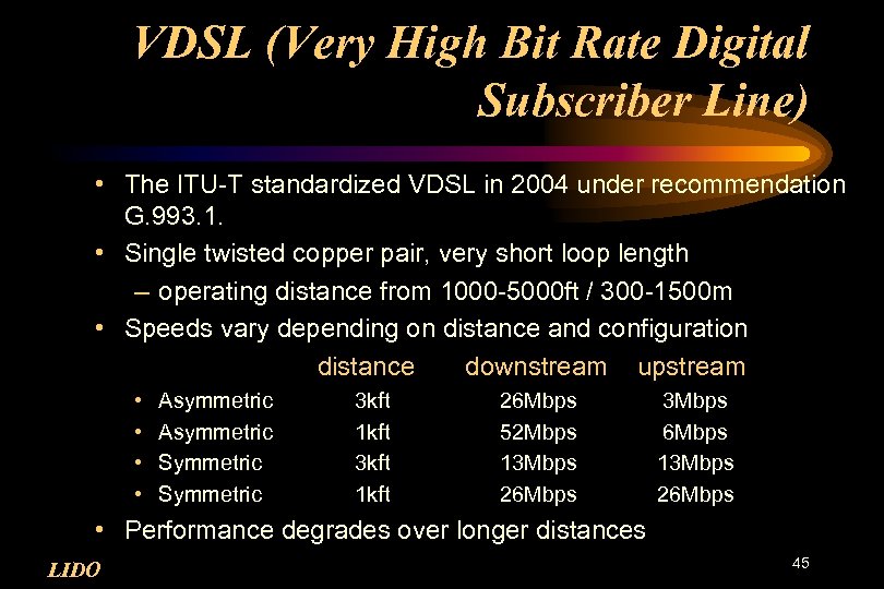 VDSL (Very High Bit Rate Digital Subscriber Line) • The ITU-T standardized VDSL in