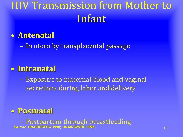 HIV Transmission from Mother to Infant • Antenatal – In utero by transplacental passage