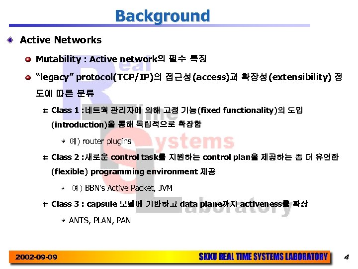 Background Active Networks Mutability : Active network의 필수 특징 “legacy” protocol(TCP/IP)의 접근성(access)과 확장성(extensibility) 정