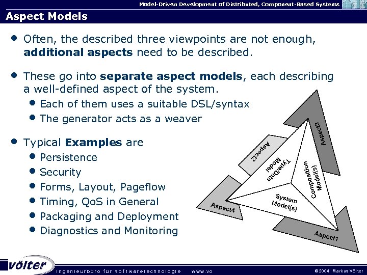Model-Driven Development of Distributed, Component-Based Systems Aspect Models • Often, the described three viewpoints
